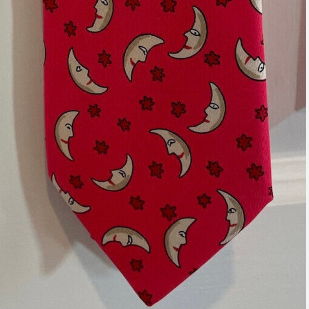 100% REAL HERMES TIE ~ RED w/ LIGHT YELLOW FUN MAN IN THE MOON FACE RED STARS